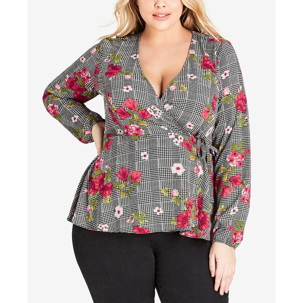 City Chic Houndstooth Floral Long Sleeve Wrap Blouse Women's Size 14